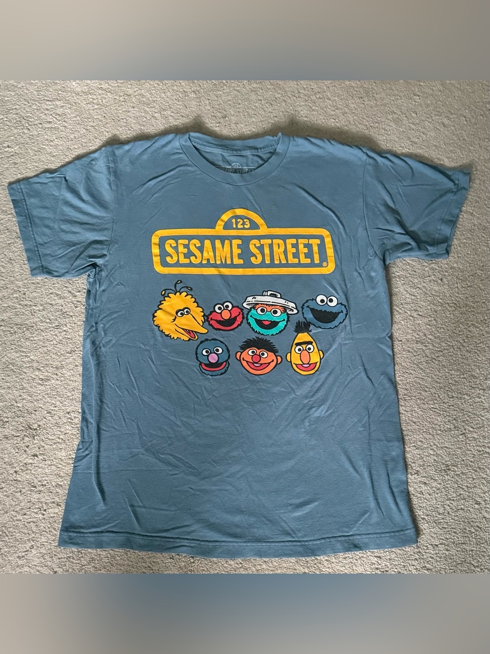 Sesame Street Unisex Blue Teal T-Shirt with Yellow Graphic
